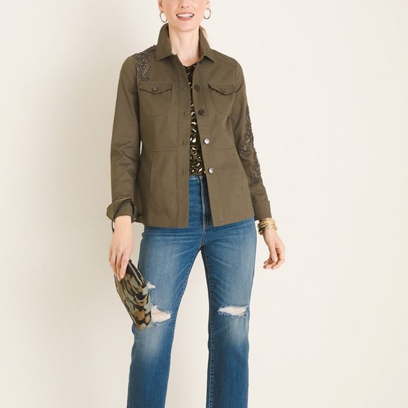 Chico's Lace Applique Embellished Utility Jacket Olive 2 L XL 12 14 - Picture 4 of 6